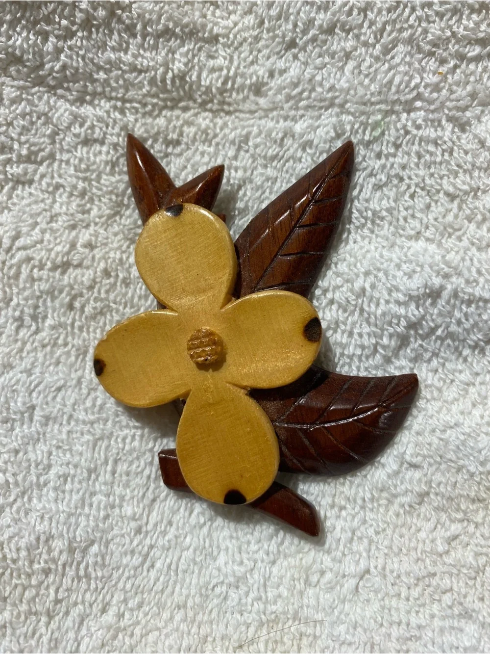 Handcrafted Wooden Flower Brooch in Yellow and Brown (RR)
